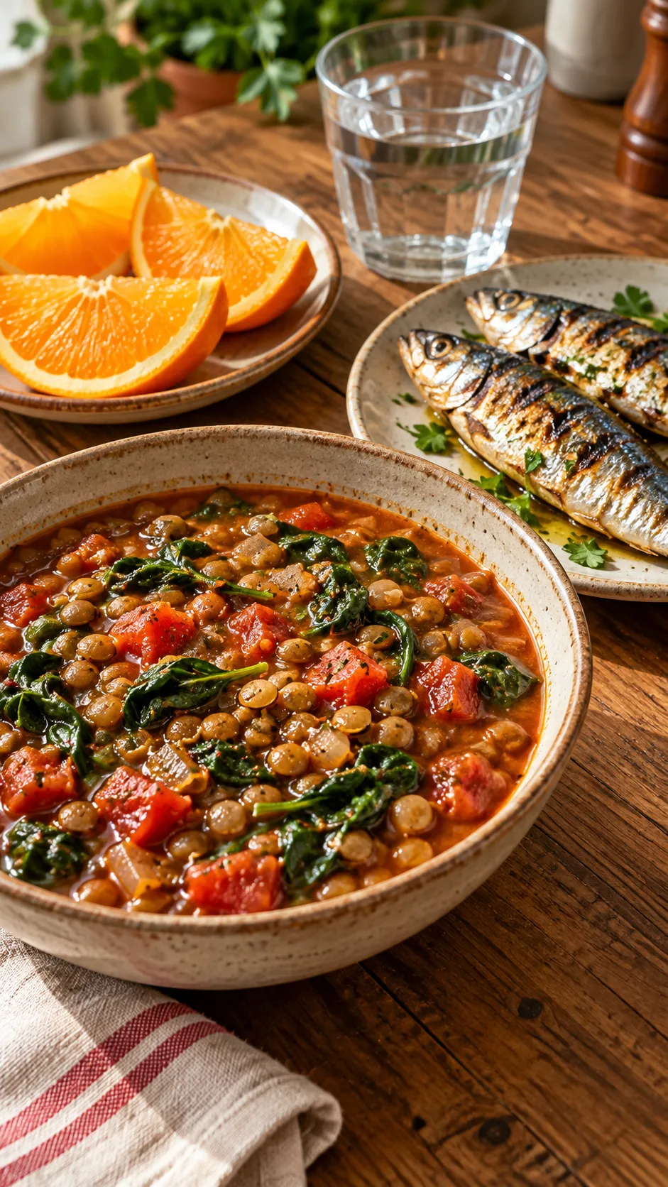 The Fibroid Diet That Actually Shrinks Symptoms (And What Most Women Get Wrong) 4 Realistic close-up nutrition photography of an iron-rich meal for heavy menstrual bleeding: lentil stew with spinach and tomatoes, grilled sardines, orange slices, and a small glass of water on a wooden table, warm natural kitchen light, no text