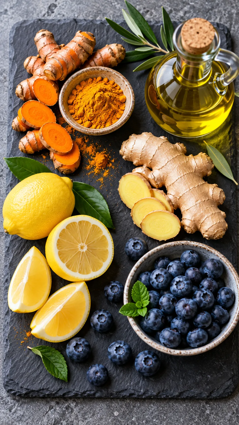 The Sjögren's Syndrome Diet That Finally Calmed My Chronic Inflammation 3 An overhead flat-lay of clean anti-inflammatory ingredients like turmeric root, fresh ginger, lemons, extra virgin olive oil, and blueberries on a slate cutting board