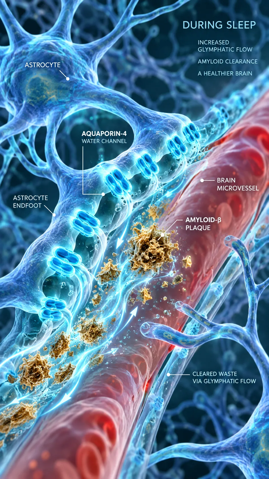 A detailed medical illustration style artwork showing aquaporin-4 water channels on astrocytes clearing amyloid plaques along a brain microvessel during sleep, glowing soft blue and teal