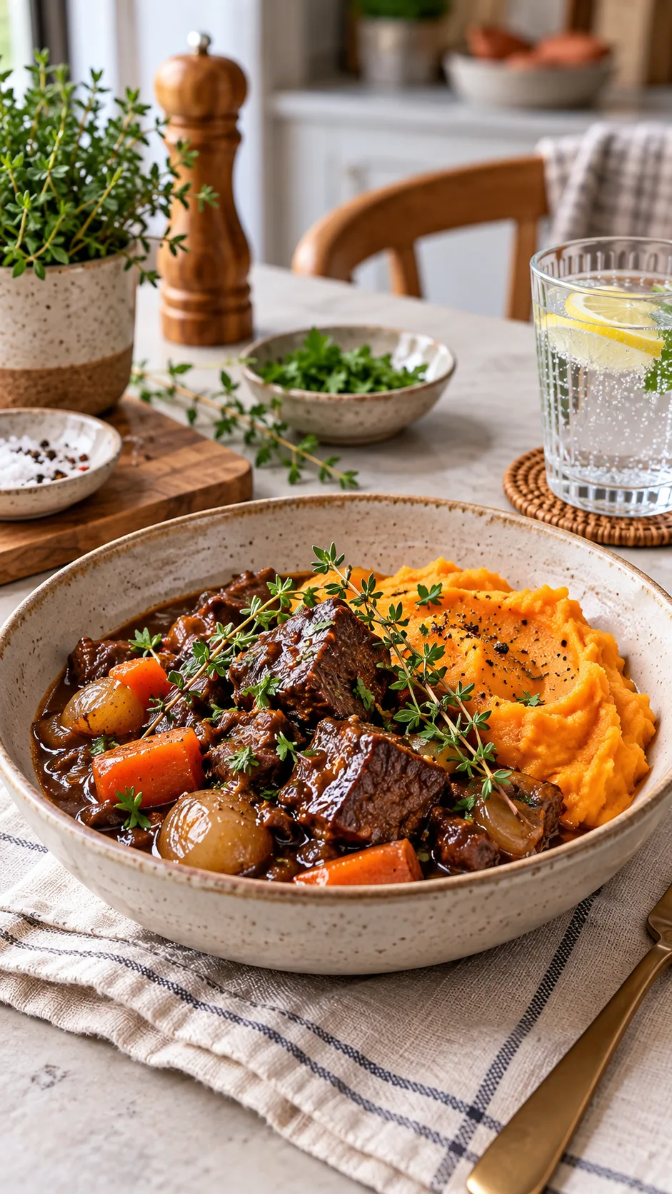 The Sjögren's Syndrome Diet That Finally Calmed My Chronic Inflammation 4 A beautifully arranged modern kitchen table with a ceramic bowl of slow-cooked braised beef stew, sweet potato puree, fresh herbs, and a glass of mineral water
