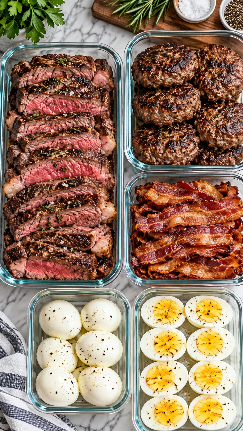 Overhead view of a modern kitchen counter filled with glass meal prep containers packed with sliced medium-rare ribeye steak, juicy burger patties, crispy bacon strips, and hard-boiled eggs