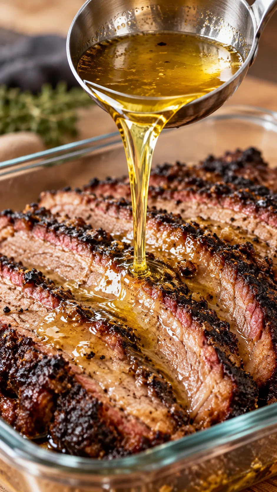 Close-up of golden rendered beef tallow pouring smoothly from a stainless steel ladle over roasted sliced beef brisket inside a glass container
