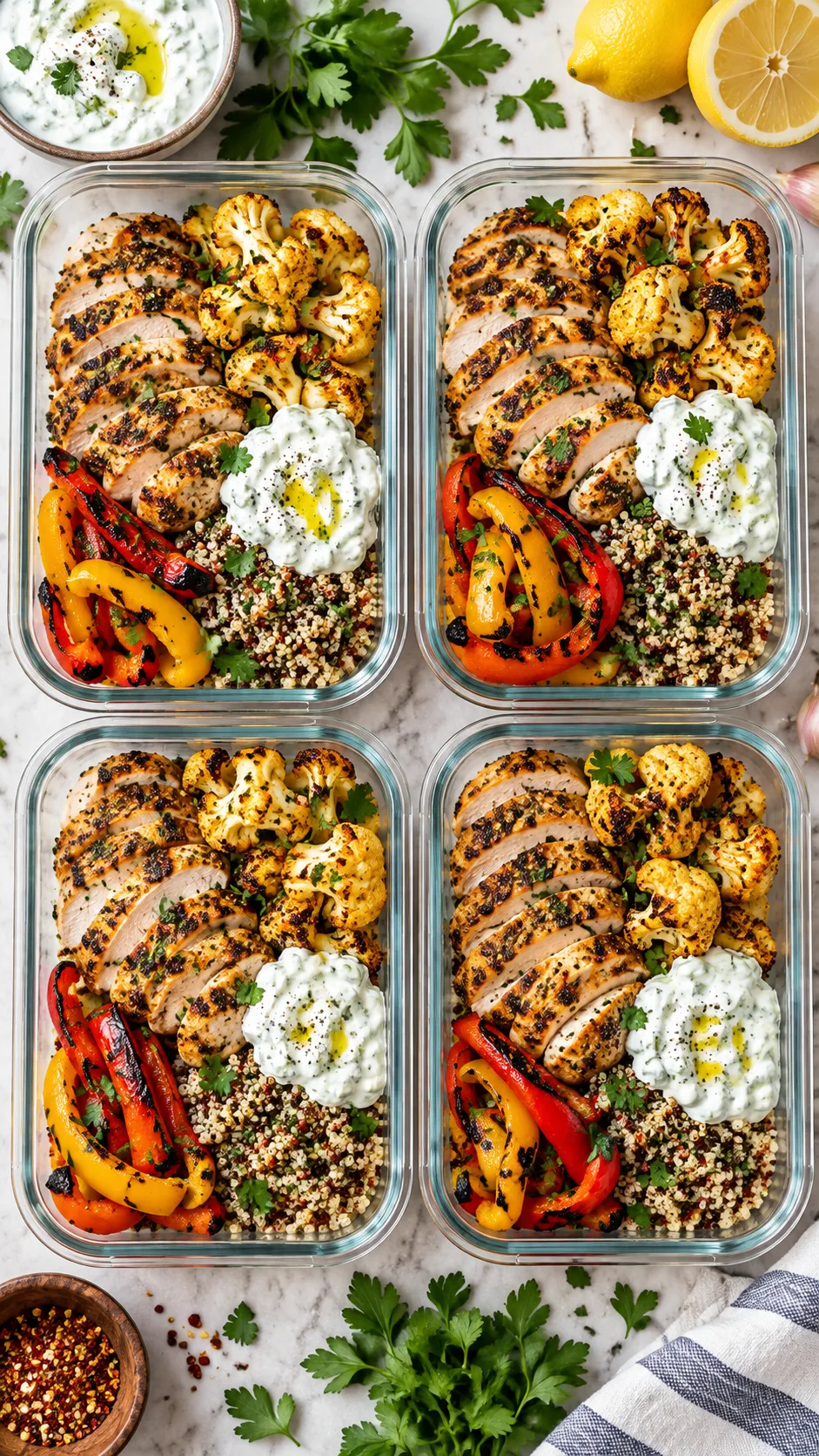 Calorie Deficit Meal Prep That Actually Keeps You Full All Week 1 Overhead aesthetic shot of four glass meal prep containers with vibrant colorful food: seasoned grilled chicken breast slices, fluffy roasted spiced cauliflower, charred bell peppers, quinoa, and a dollop of tzatziki on a bright kitchen counter with fresh herbs around