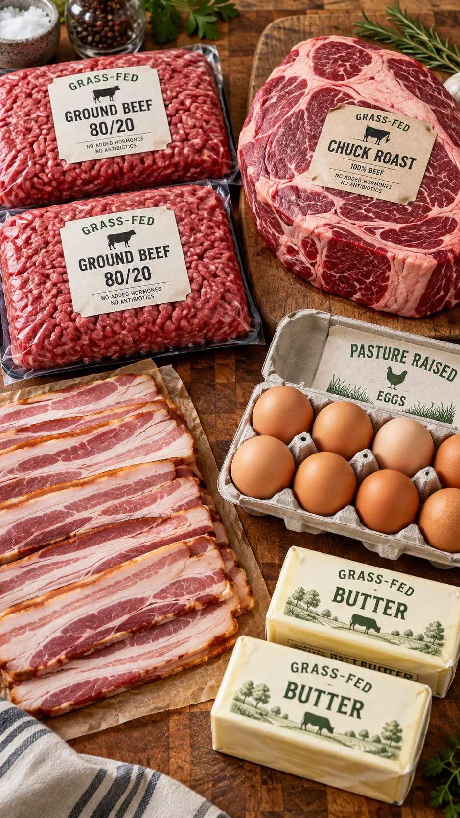 Raw ingredients neatly organized on a butcher block: two packages of thick 80/20 ground beef, a marbeled chuck roast, thick-cut bacon strips, pasture eggs, and blocks of grass-fed butter