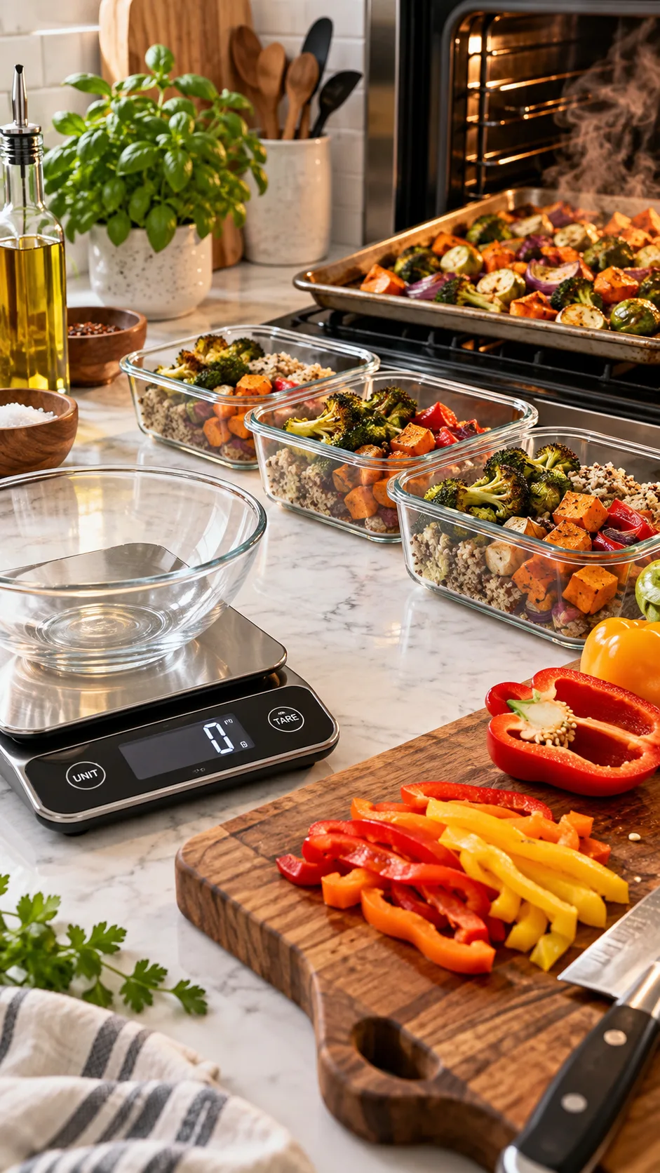 Calorie Deficit Meal Prep That Actually Keeps You Full All Week 3 Crisp close-up photograph of a modern kitchen counter setup with an open digital food scale, glass storage containers lined up, sliced bell peppers on a wooden cutting board, and roasted vegetables steaming fresh from the oven