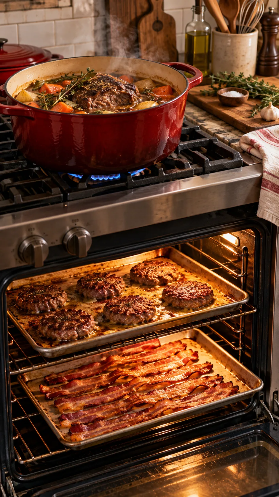 Step by step cooking process in a rustic kitchen: Dutch oven simmering chuck roast on the stove while two rimmed baking sheets of burger patties and bacon roast inside the oven