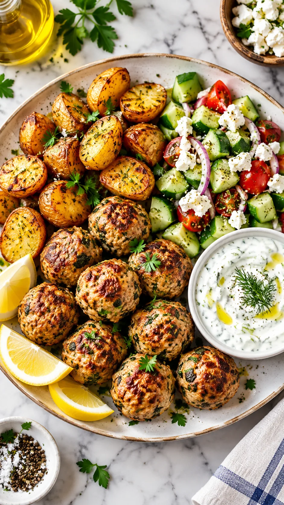 Calorie Deficit Meal Prep That Actually Keeps You Full All Week 4 Top-down shot of a beautifully organized Greek turkey meatball meal with crispy golden roasted baby potatoes, fresh diced cucumber salad with feta cheese, and a ramekin of white tzatziki sauce on a marble table