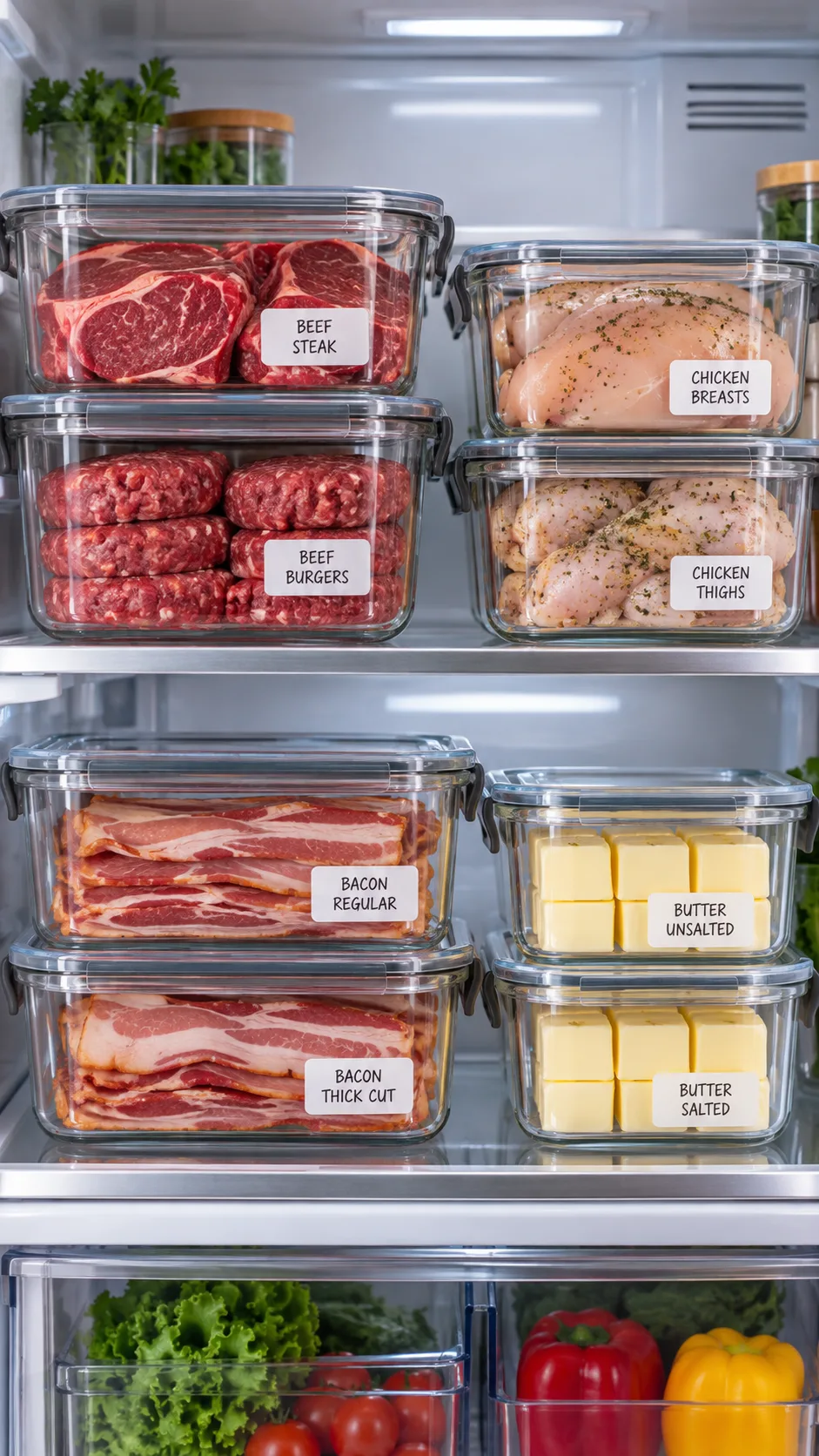 Neatly stacked clear glass food prep containers inside a modern refrigerator shelf, showing organized portions of beef, chicken, bacon, and butter pats