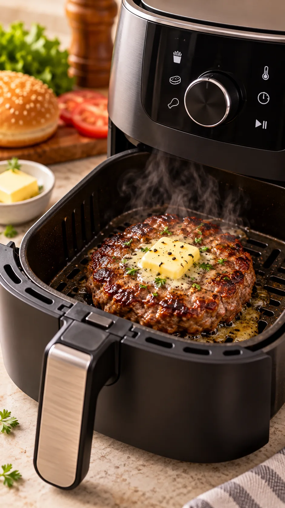 A compact countertop air fryer with its basket pulled out, revealing a perfectly reheated, sizzling burger patty topped with melting butter