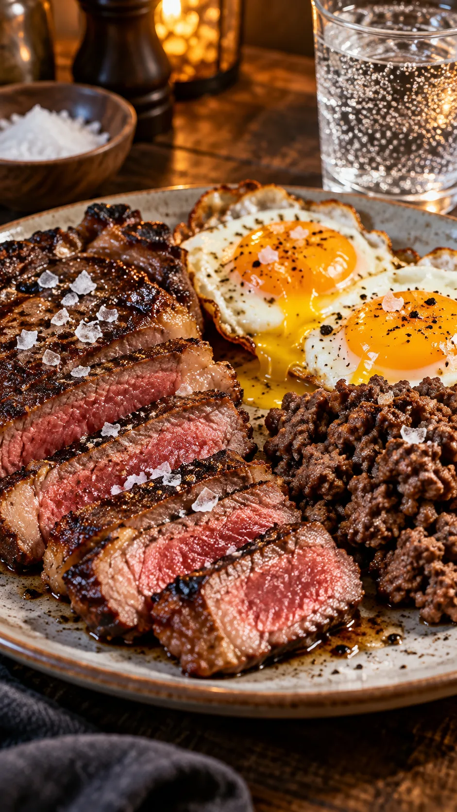 The Carnivore Diet Mistakes Most Beginners Make in the First 30 Days 3 Close-up realistic food photography of a satisfying carnivore diet meal on a ceramic plate: medium-rare steak, fried eggs with runny yolks, ground beef, sea salt flakes, and sparkling water, warm restaurant-style lighting, appetizing and natural