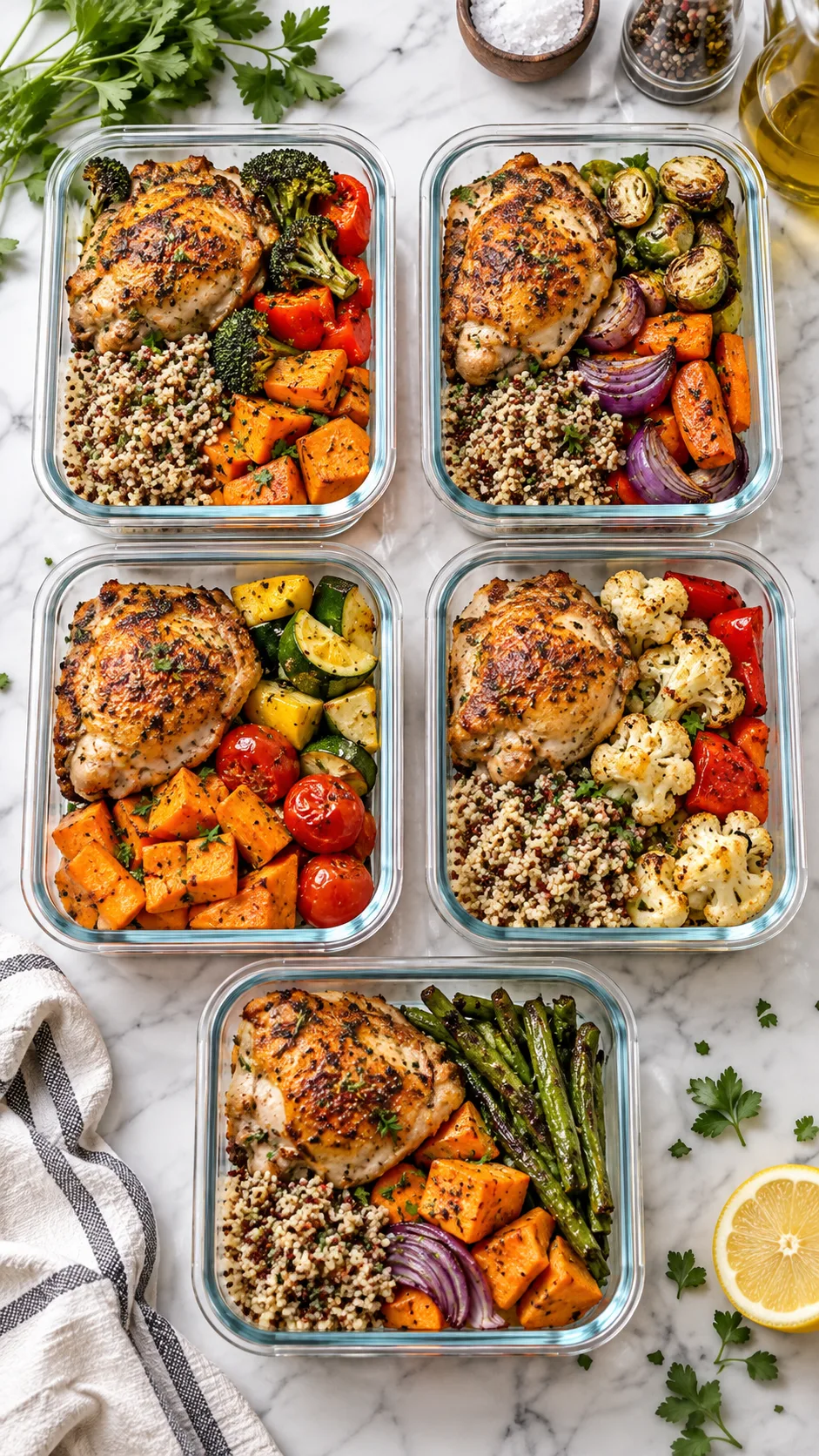 Healthy Chicken Thigh Meal Prep Recipes That Actually Keep You Full All Week 1 Overhead view of five glass meal prep containers arranged neatly on a marble kitchen counter, each packed with golden seared chicken thighs, roasted colorful vegetables, and complex carbs like sweet potatoes and quinoa, natural bright morning lighting, food photography style