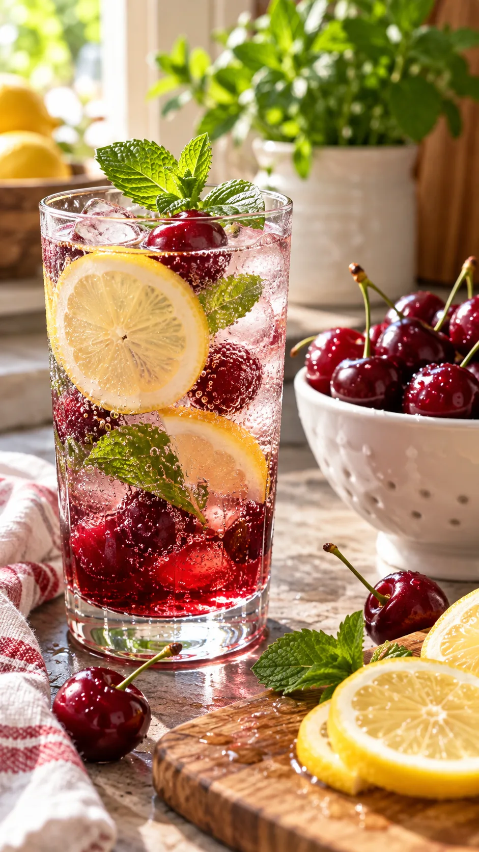 The Uric Acid Diet Food Swap That Finally Stopped My Gout Flare-Ups 1 Close-up editorial photograph of a refreshing glass of sparkling tart cherry water with fresh lemon slices and mint leaves, beside a white bowl of ripe cherries on a rustic sunlit kitchen counter