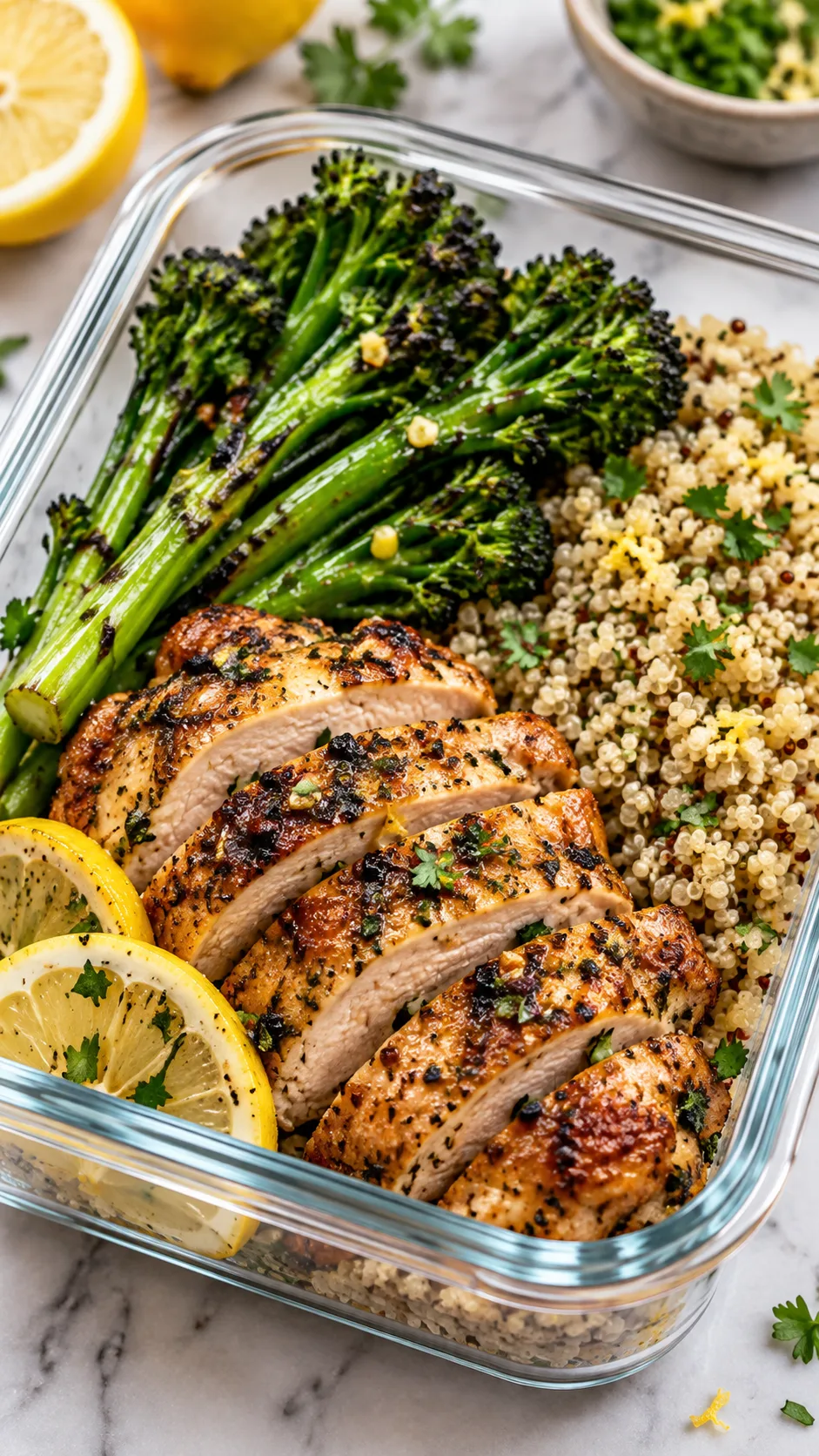 Healthy Chicken Thigh Meal Prep Recipes That Actually Keep You Full All Week 2 Close-up culinary shot of an open glass meal prep container showcasing sliced lemon-herb grilled chicken thighs, bright green charred broccolini, and fluffy herbed quinoa, studio lighting, shallow depth of field