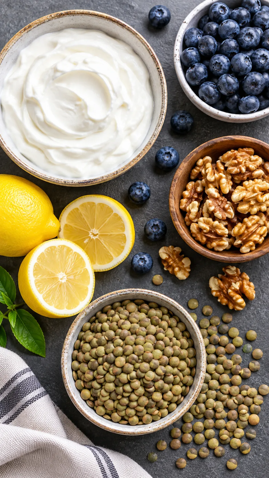 The Uric Acid Diet Food Swap That Finally Stopped My Gout Flare-Ups 3 Clean overhead flat-lay photograph of gout-friendly kitchen staples: plain low-fat Greek yogurt in a ceramic bowl, fresh blueberries, walnuts, sliced lemons, and green lentils arranged on a slate gray surface
