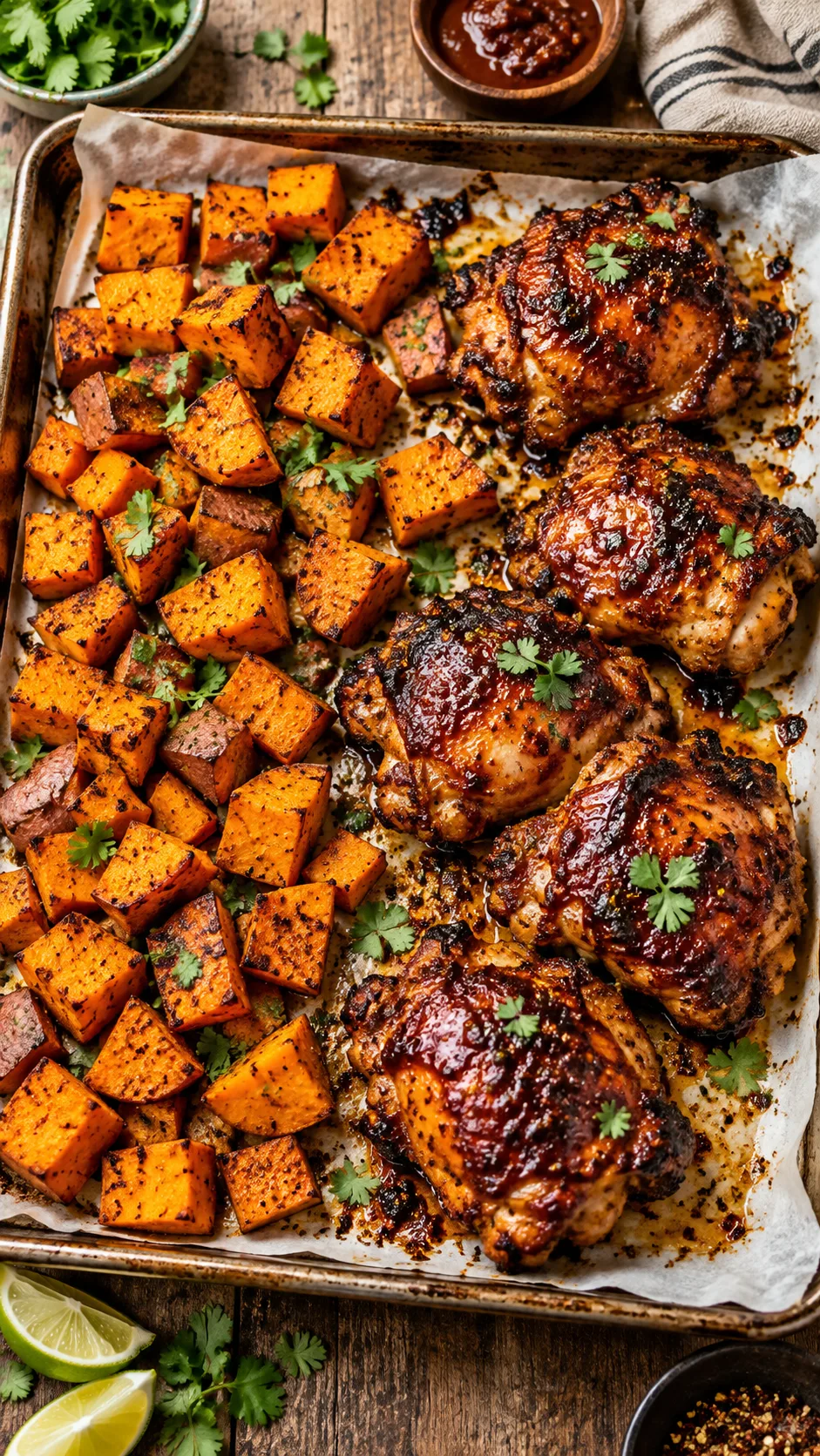 Healthy Chicken Thigh Meal Prep Recipes That Actually Keep You Full All Week 3 Top-down shot of roasted sweet potato cubes alongside smoky glazed chipotle chicken thighs on a baking sheet lined with parchment paper, rustic kitchen atmosphere