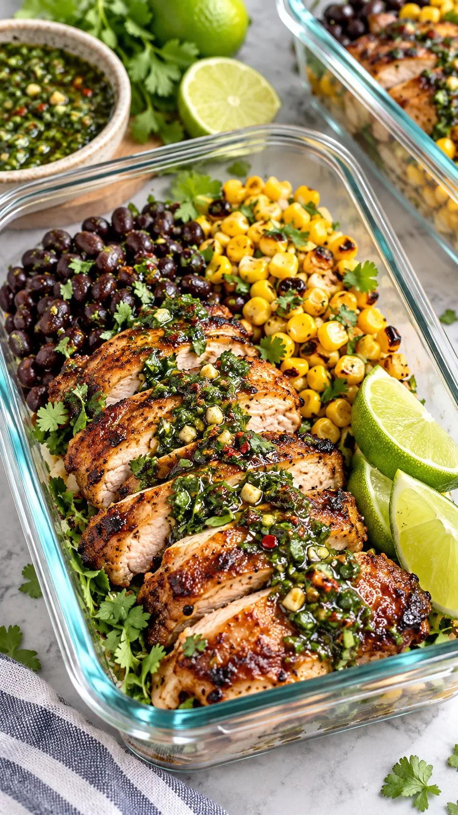 Healthy Chicken Thigh Meal Prep Recipes That Actually Keep You Full All Week 4 Glass meal prep container featuring sliced chimichurri chicken thighs, black beans, roasted corn, and fresh lime wedges, vibrant natural daylight