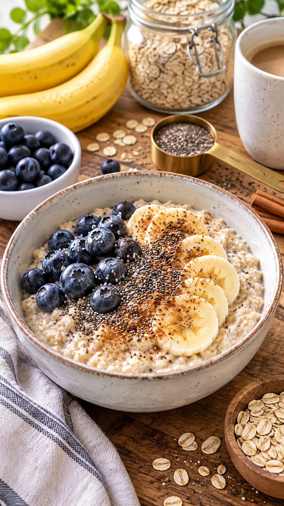 The 7-Day Oatmeal Diet Plan That Actually Keeps You Full and Drops Pounds 1 Bright natural-light food photography of a hearty bowl of creamy oatmeal topped with blueberries, banana slices, chia seeds, and cinnamon on a wooden breakfast table, with a measuring spoon and rolled oats nearby, realistic healthy weight loss breakfast