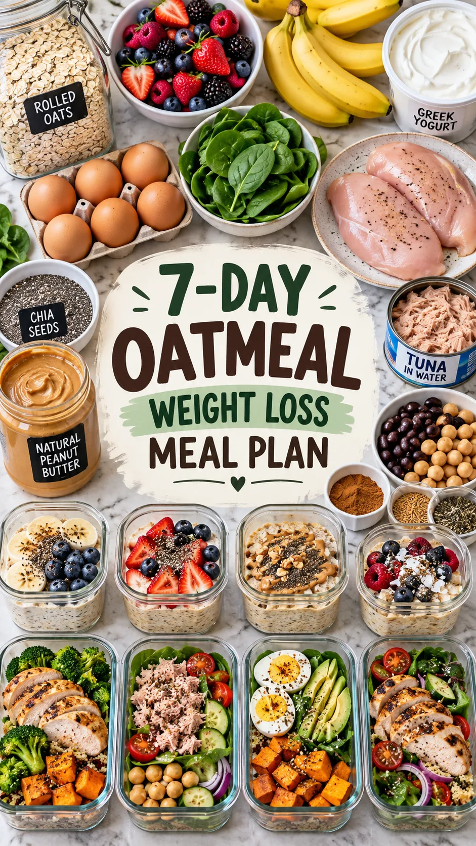 The 7-Day Oatmeal Diet Plan That Actually Keeps You Full and Drops Pounds 2 Overhead realistic grocery flat lay for a seven-day oatmeal weight loss meal plan, showing rolled oats, berries, bananas, Greek yogurt, eggs, leafy greens, chicken breast, canned tuna, beans, chia seeds, peanut butter, spices, and meal prep containers