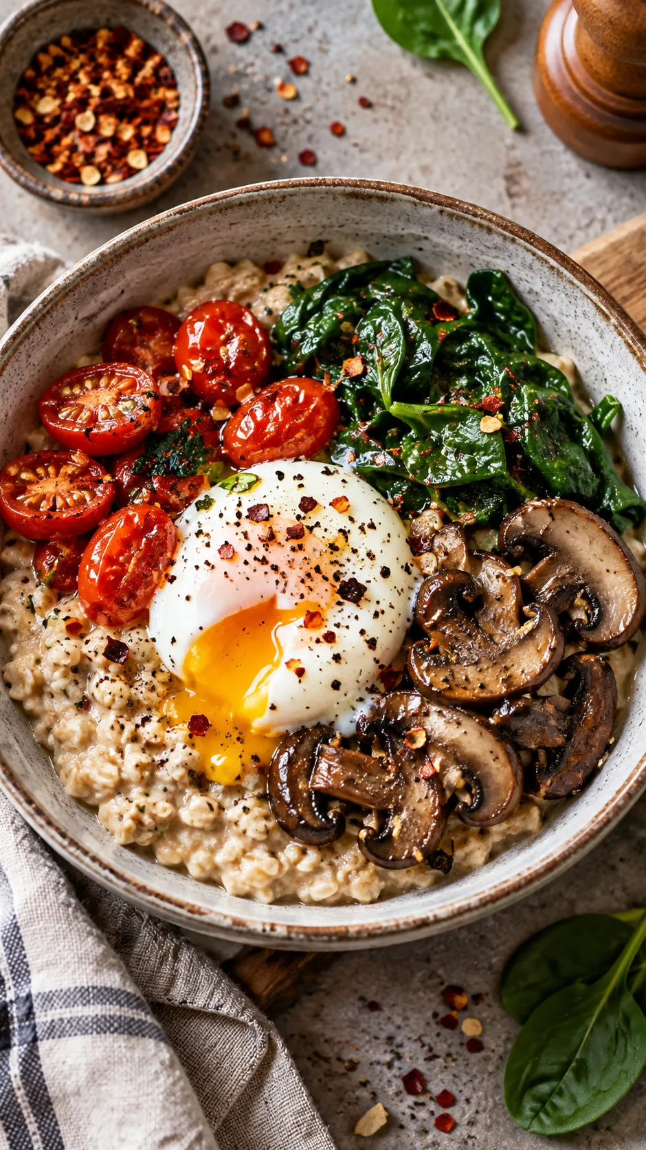 The 7-Day Oatmeal Diet Plan That Actually Keeps You Full and Drops Pounds 3 Realistic overhead food photography of savory oatmeal in a ceramic bowl topped with sautéed spinach, cherry tomatoes, mushrooms, a soft-cooked egg, cracked black pepper, and chili flakes, healthy high-protein breakfast
