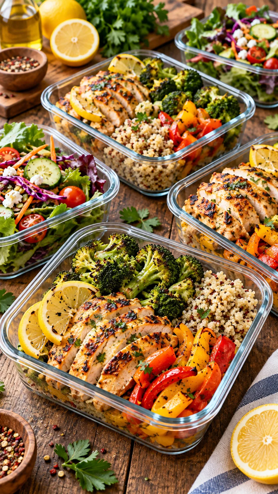 The Low Calorie Meal Plan That Actually Keeps You Full All Week 1 A vibrant, delicious spread of high-volume meal prep containers featuring grilled lemon chicken, roasted broccoli, colorful bell peppers, quinoa, and crisp mixed salads on a rustic kitchen table