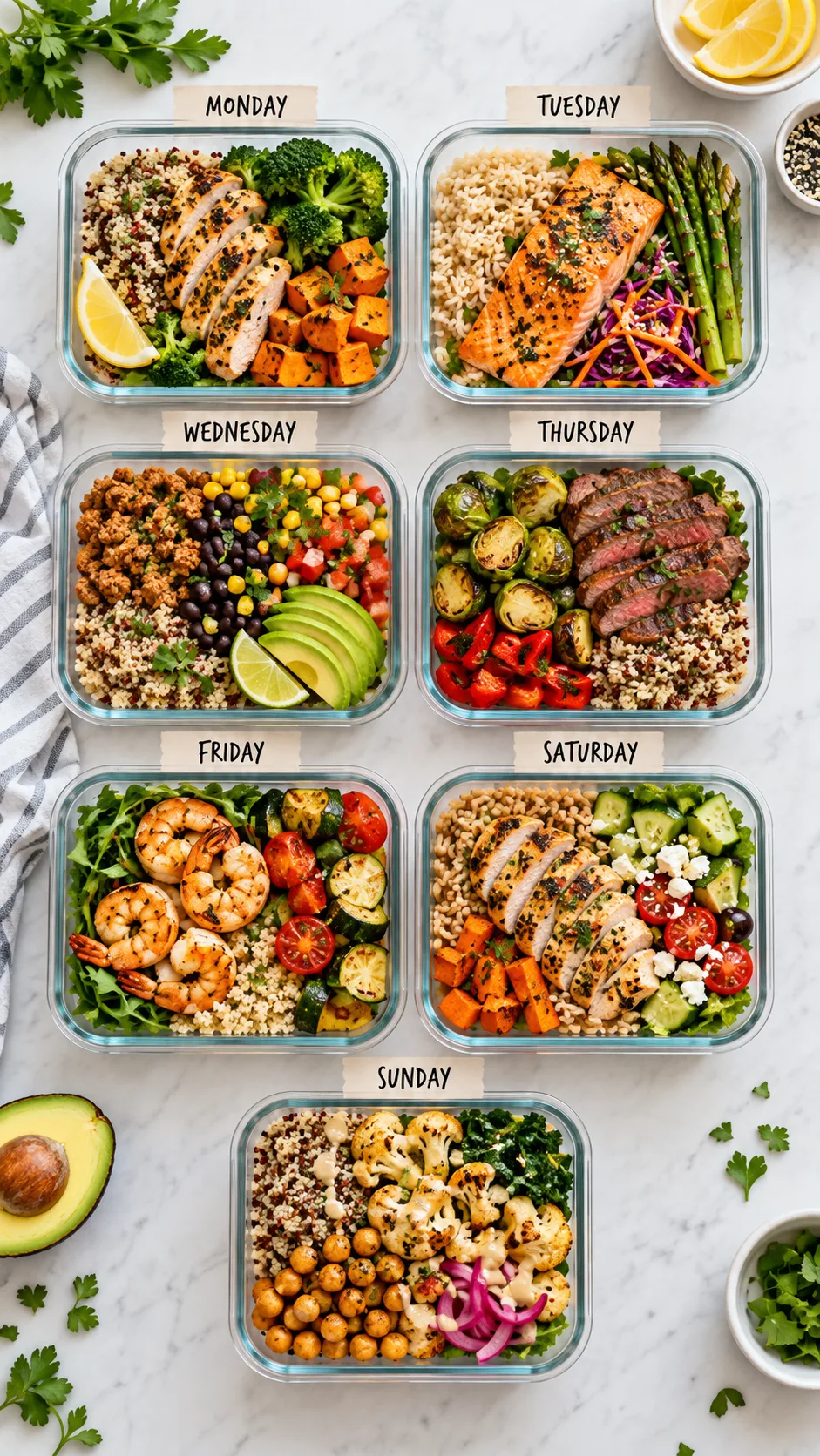 The Low Calorie Meal Plan That Actually Keeps You Full All Week 2 A clean, top-down flat lay shot of seven glass meal containers arranged chronologically, each packed with colorful whole foods, lean proteins, greens, and complex grains