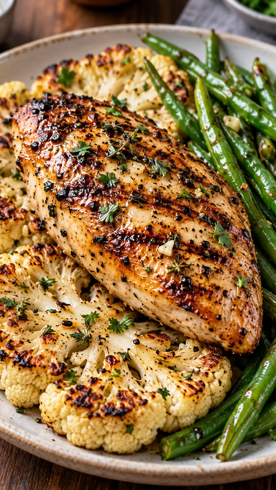 The Low Calorie Meal Plan That Actually Keeps You Full All Week 3 A mouthwatering, close-up photograph of a seasoned grilled chicken breast resting on a bed of roasted cauliflower steaks and bright green beans