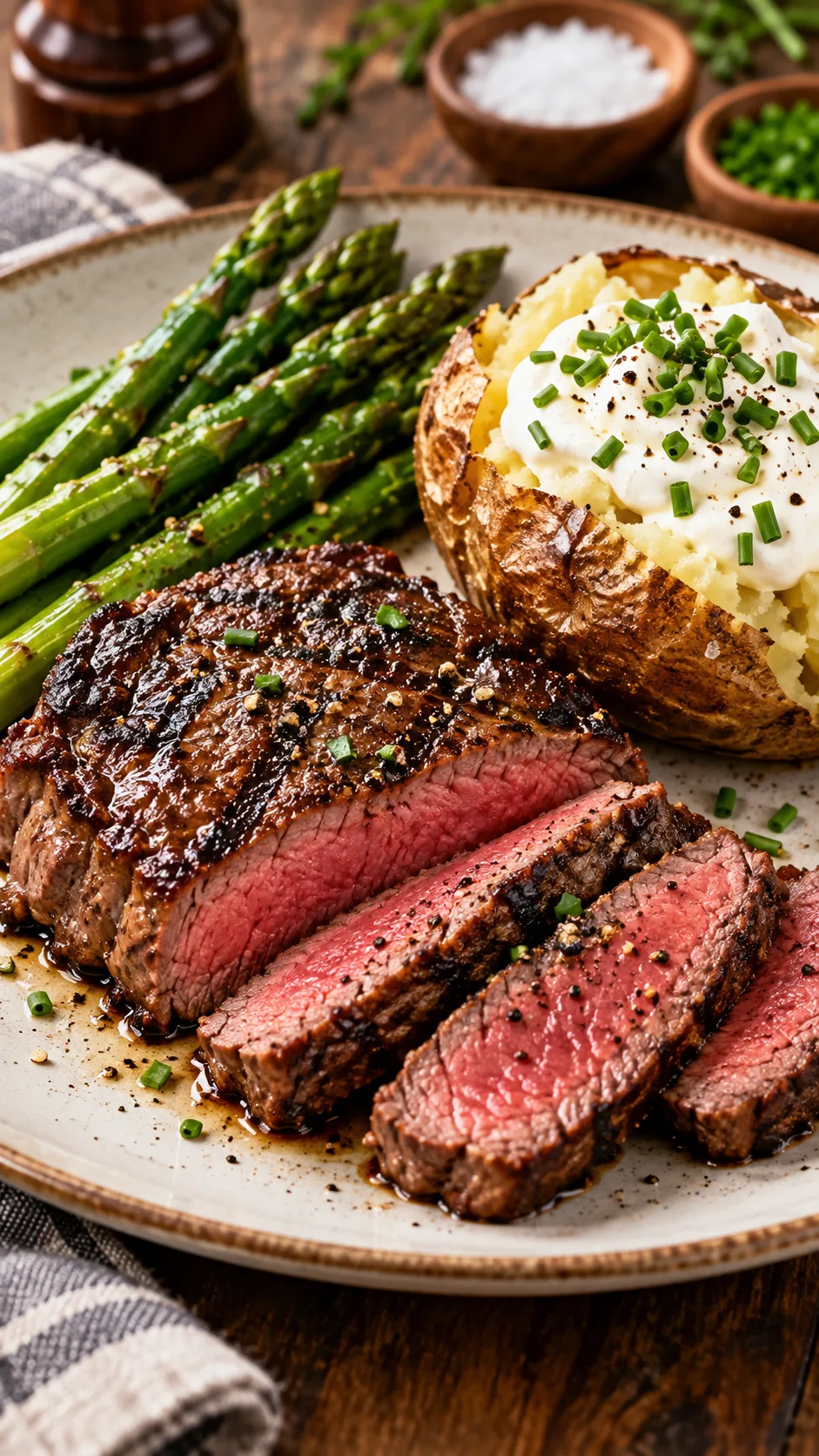 The Low Calorie Meal Plan That Actually Keeps You Full All Week 4 A delicious, beautifully plated dinner of grilled top sirloin steak, steamed asparagus, and a baked potato topped with greek yogurt and fresh chives